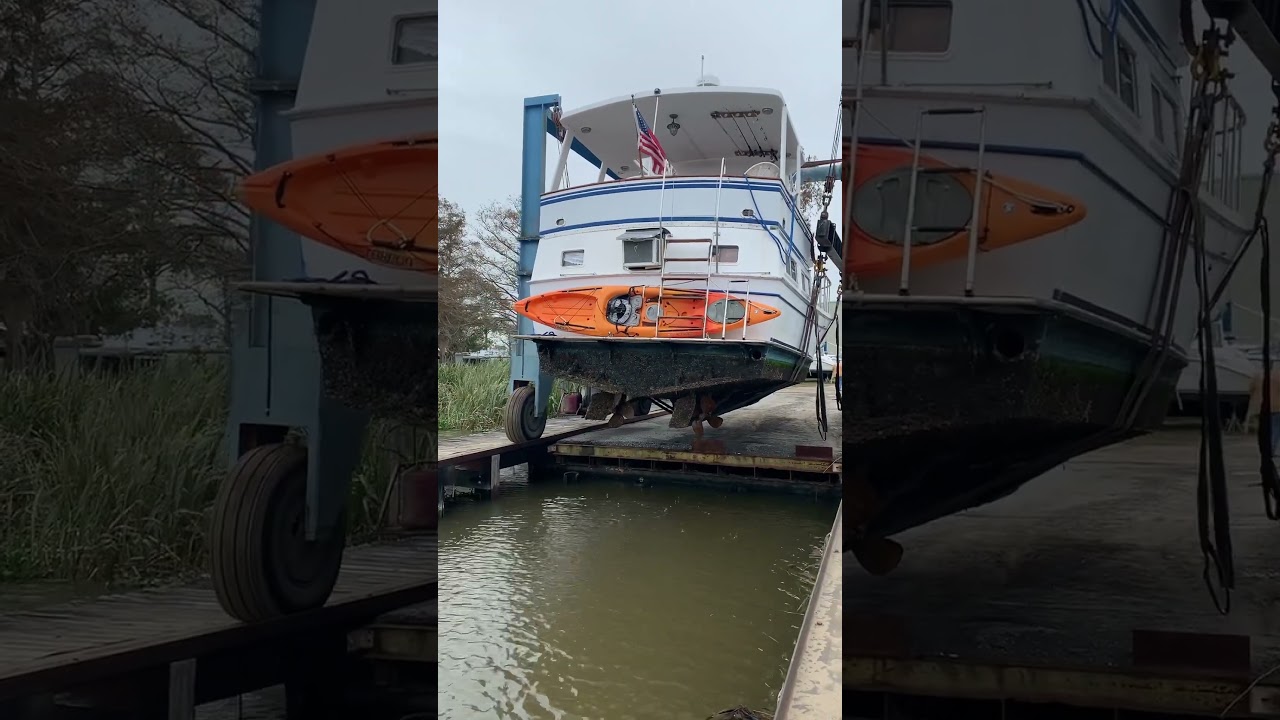 Hippie Pirates-Ken’s boat gets lifted. Check out the growth and the rudders. It turned left great!😁