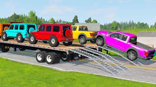 Flatbed Trailer Mercedes Cars Transportation with Truck - Speed Bumps vs Car | #01 - BeamNG.Drive