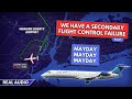 Secondary flight control failure. GoJet CRJ-700 declares MAYDAY on approach to Newark. Real ATC