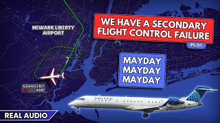Secondary flight control failure. GoJet CRJ-700 declares MAYDAY on approach to Newark. Real ATC