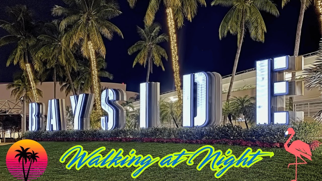 Walking Bayside at Night, Miami FL. Shops, Restaurants and Bars (4K)
