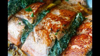 Creamy Spinach Stuffed Salmon Recipe- Lets Eat Cuisine