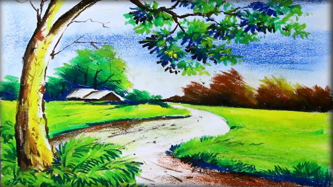 oil pastel painting - village nature scenery drawing - YouTube