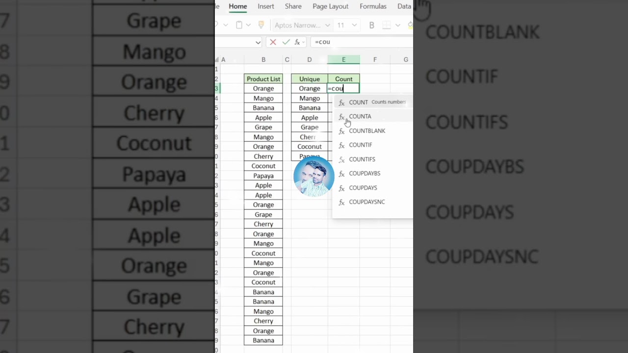 Unique Function in Excel 