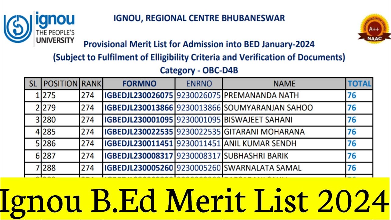 ignou bed merit list 2024 || ignou bed Name Wise Merit List || ignou ...