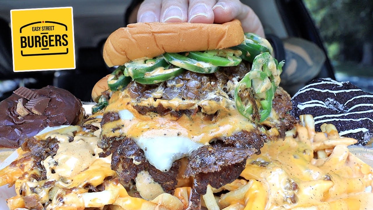 MUKBANG EATING Easy Street Burgers Loaded Monster Cheeseburger & Loaded Wild Cheese Fries ASMR