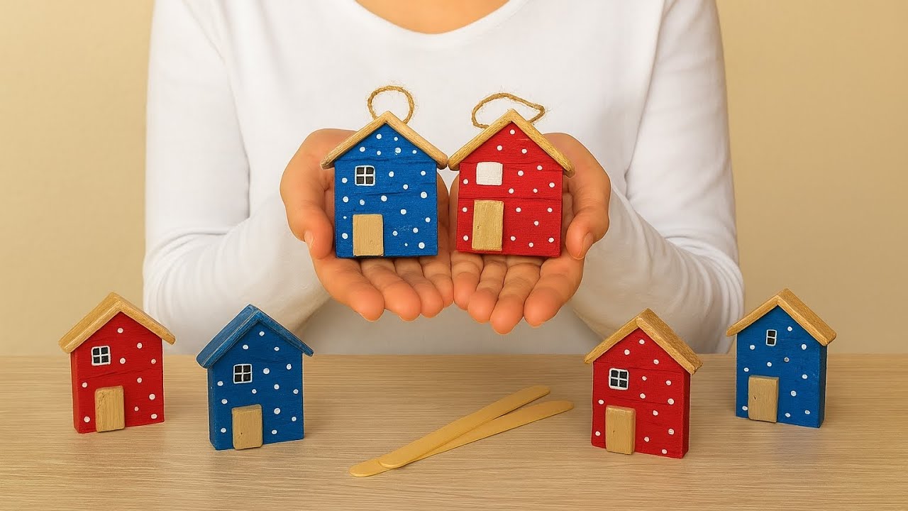 Turn popsicle sticks into little Christmas houses! Christmas hanging decorations/hangings☃️