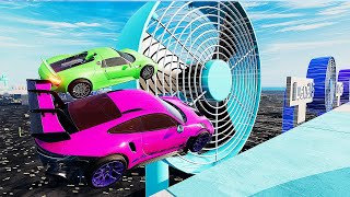 Cars VS Giant DUAL FANS Challenge Race - Sports Car Driver - BeamNG Drive
