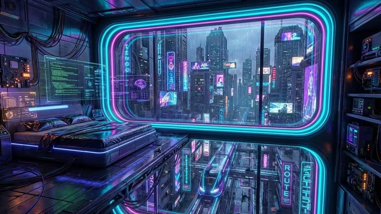 Cyberpunk Rain Outside the Window Neon City Night Ambience | Sleep & Focus ASMR