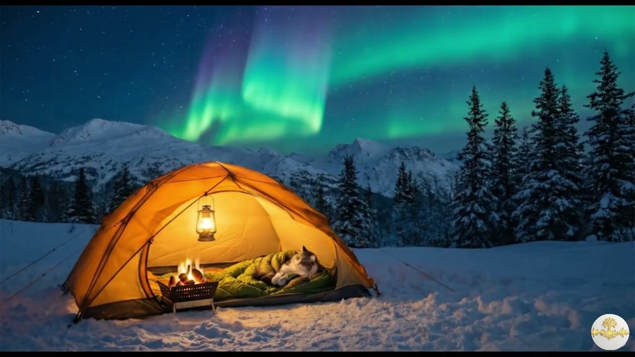 Cozy Winter Camping Ambience ❄️ Northern Lights & Cat | Deep Sleep
