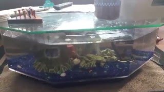 This is my parents fish tank table. It is a little less than 30 gallons. The tank is made of acrylic and the table top can be glass or acrylic