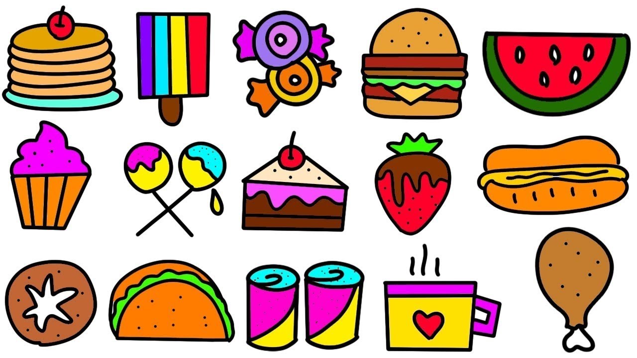 How to draw junk food | candy,cake,lollipop,ice cream,donuts |Easy junk ...