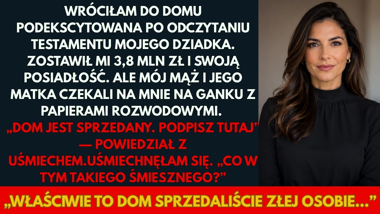 „Dom jest sprzedany. Podpisz tutaj” – usłyszałam od męża, gdy tylko wróciłam z kancelarii notarialnej. Na ganku stał w płaszczu, który sama mu kupiłam, obok jego matka w futerku, a na stole leżały...