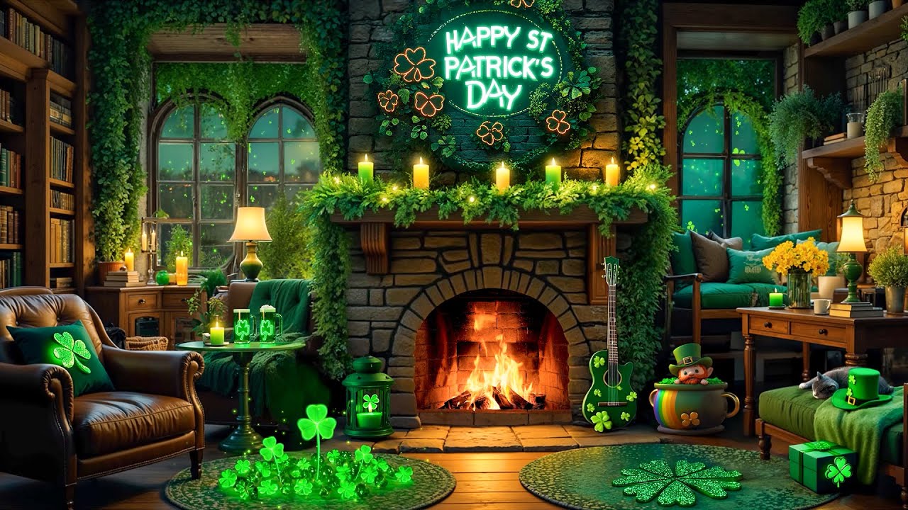 Saint Patric Relaxing Instrumental Music 🍀 Happy St Patrick's Day, Patrick's Day Fireplace Ambience