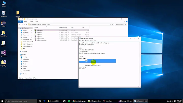 MASM + Microsoft Visual Studio 2015 + Windows 10 +...