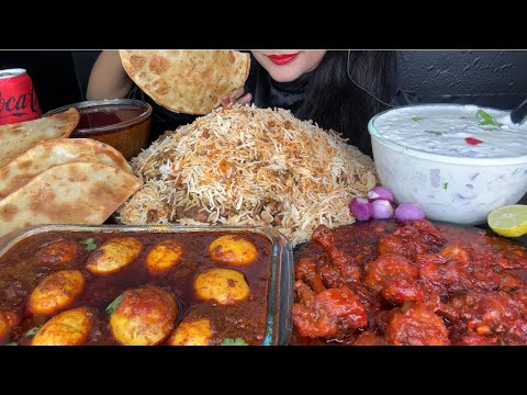 ASMR EATING SPICY CHICKEN BIRYANI CHICKEN LOLLIPOP EGG CURRY SOFT PARATHA RAITA AND EXTRA GRAVY 
