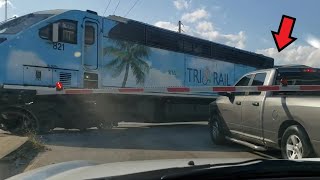 Train Almost Hits Truck Stuck Between Railroad Crossing Gates