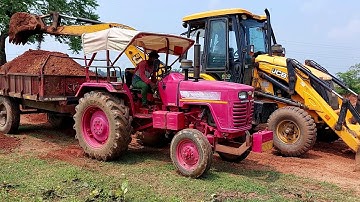 JCB 3DX Backhoe Loading Red Mud In Double Mahindra Tractor Trolley | Tractor Pulling Loaded Trolley