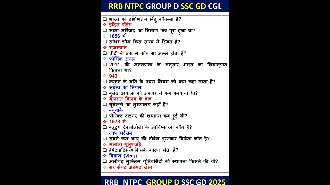 GK RRB NTPC 2025 II RRB GROUP D II SSC GD II SSC CGL II IAS GK 