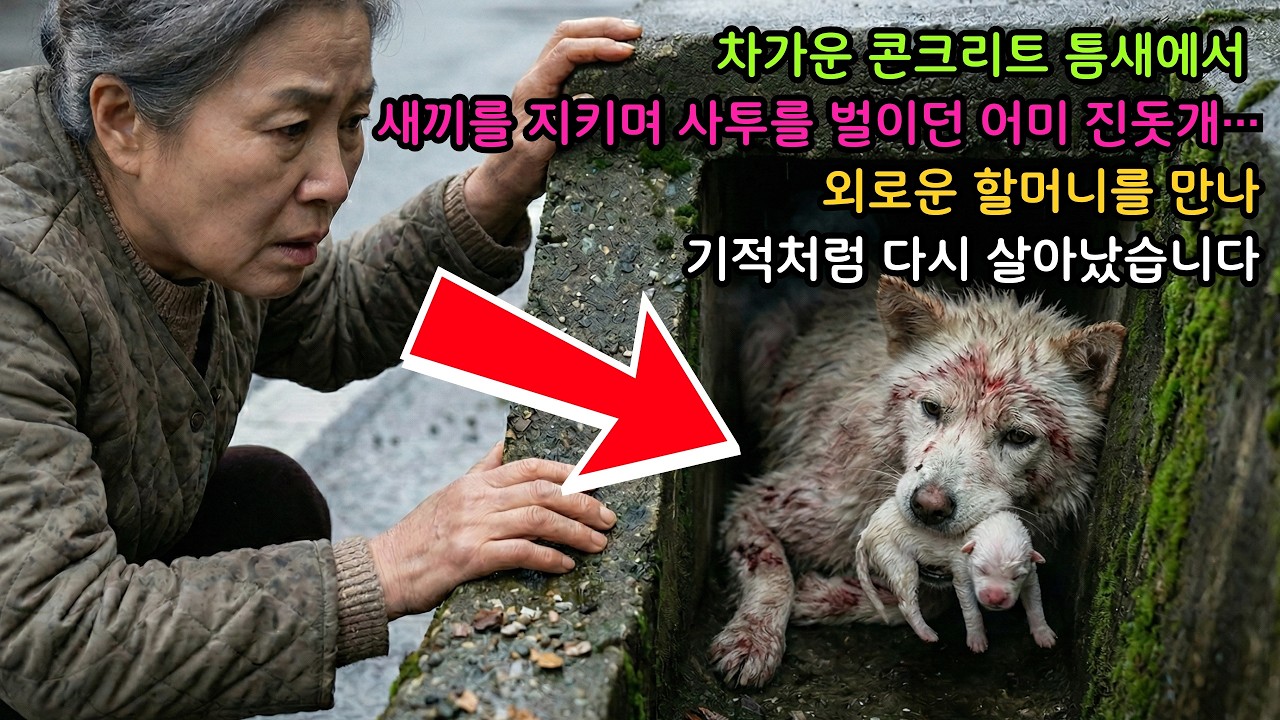 차가운 콘크리트 틈새에서 새끼를 지키며 사투를 벌이던 어미 진돗개… 외로운 할머니를 만나 기적처럼 다시 살아났습니다