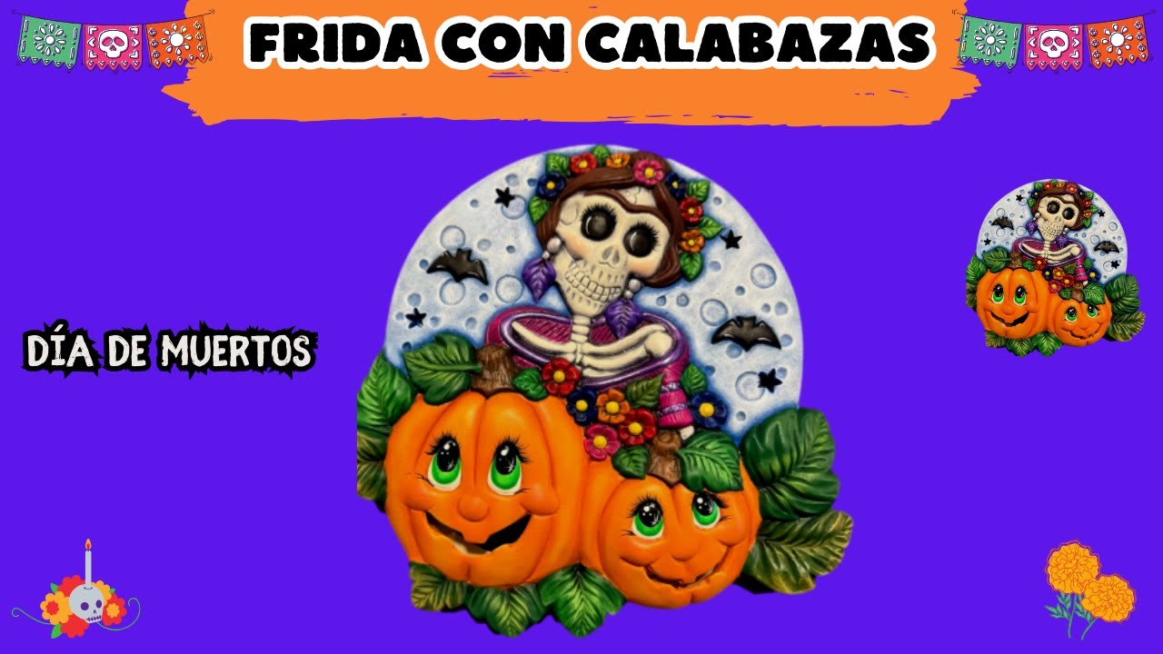 DÍA DE MUERTOS. PINTA A FRIDA ACOMPAÑADA DE SIMPÁTICAS CALABAZAS.