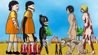 Squid Game Zombie, Cartoon Cat, Vs  Eren Titan, Female TItan, Jason, Freddy - Animation