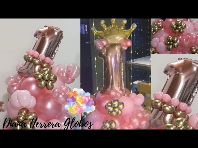 Bouquet de globos facil cumpleaños niña-Arreglo globos número  metalizado-Centro de mesa con globos 