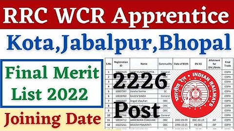 RRC WCR Final Merit List 2022, West Central Railway Joining Merit List, Joining Date