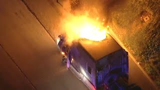 FULL CHASE: Big rig erupts in flames at end of lengthy pursuit through SoCal