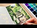 Gouache painting of green garden landscape with stone stairs paint with me 