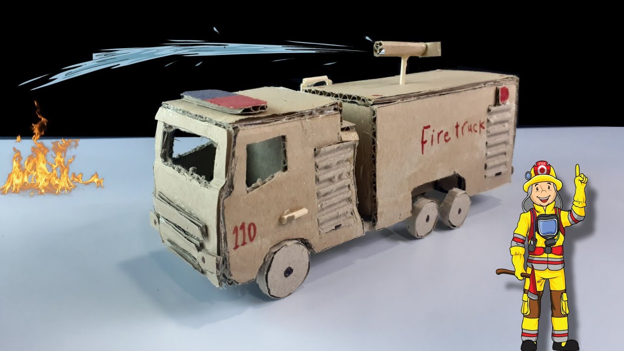 How to make a fire truck from cardboard طريقة صنع سيارة اطفاء بالكرتون