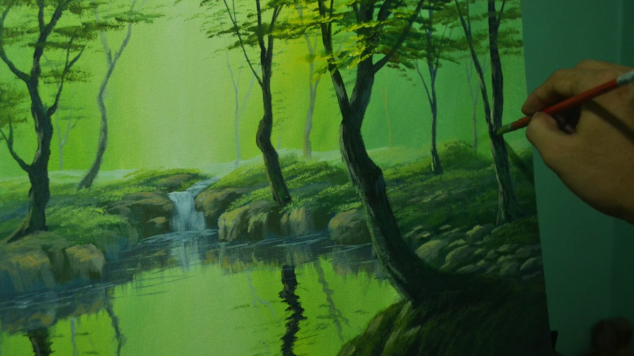 Acrylic Landscape Painting Tutorial The Misty Forest With A River And