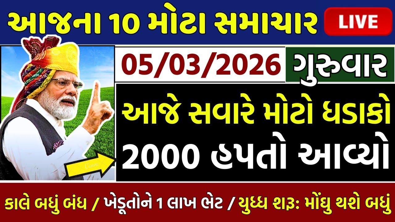 આજના તાજા સમાચાર/ દેવુંમાફ લોન, ખેડૂતો ફાયદો: 5100 સહાય, નવી યોજના,2000 હપ્તો,રેશન / khedut samachar