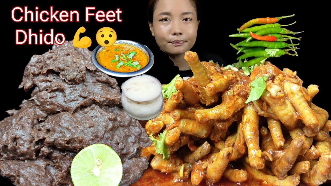 Eating Spicy🌶️Chicken Feet Grevy With Dhido💪Rato Dal King Chilli Eating Show|कुखुरा को खुट्टा ढिँडो