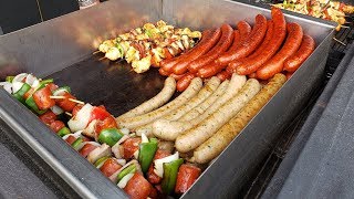 Prague Street Food Markets. Sausages, Skewers, Melted Cheese, Snails, Fried Pancakes