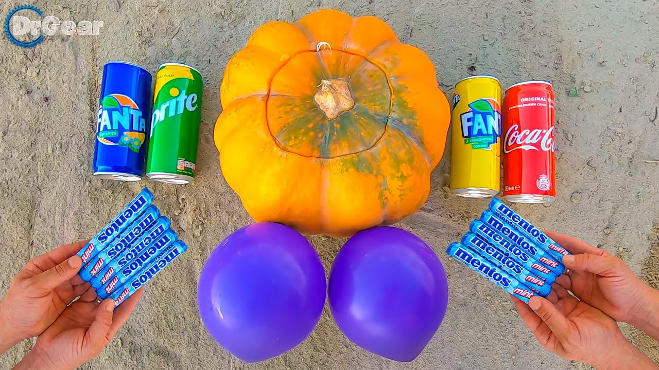 Experiment - Pumpkin vs Coca Cola, Fanta, Sprite and Mentos underground