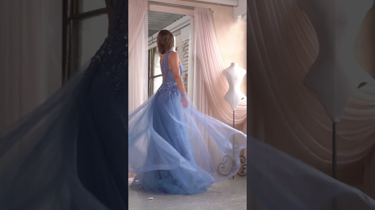 One shoulder glitter & tulle dress J869 in Lapis Blue 🌟 