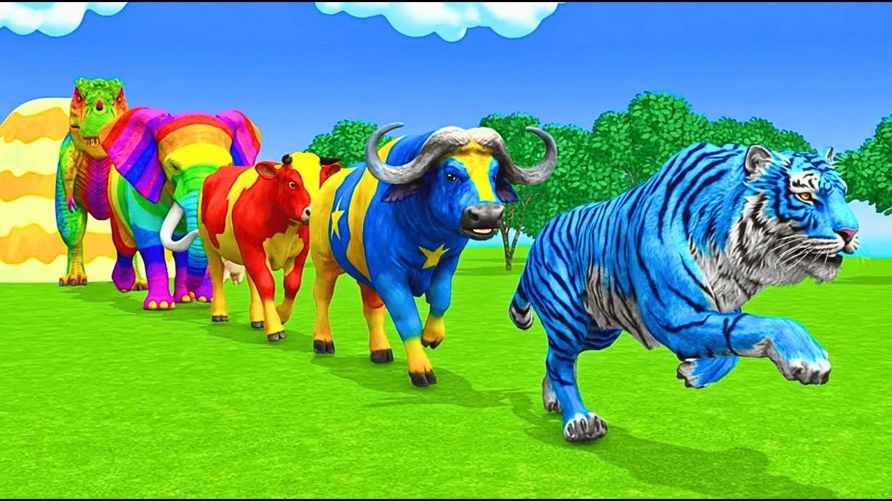 Long Slide Game With Elephant Gorilla Buffalo Hippopotamus Tiger - 3d Animal Game - Funny 3d Animals