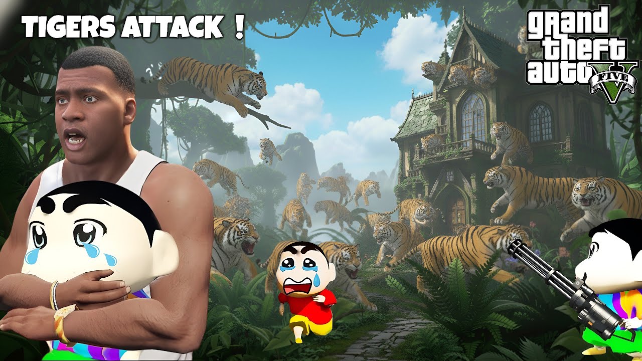 Franklin & Shinchan ATTACKED by 1000 TIGERS 😱 | Insane Escape!
