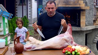 MEAT in WINE. LAMB in an OVEN. ROASTING LAMB in a COUNTRY OVEN. ENG SUB