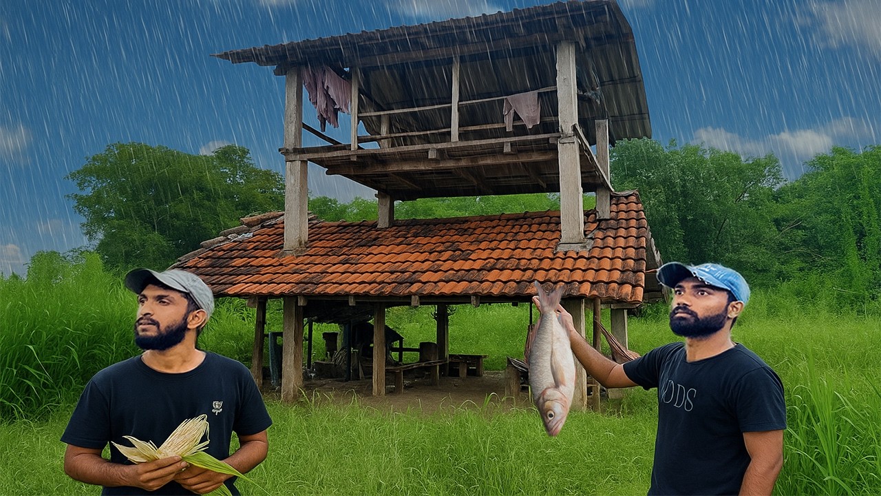Rain survival in jungle farm shelter | Cooking Traditional Fish Curry