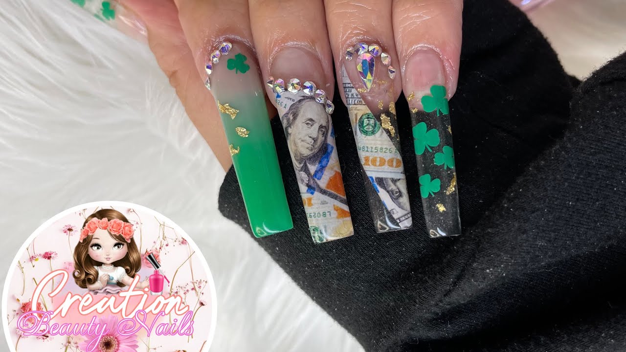 Money Nails of a 💵100 dollar bill Nail design | tapered Square 💅🏻 | Green hombre |no voices over