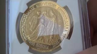 アンティークコイン　ハンガリー　1907年　皇帝戴冠式記念100コロナ金貨　MS61　NGC