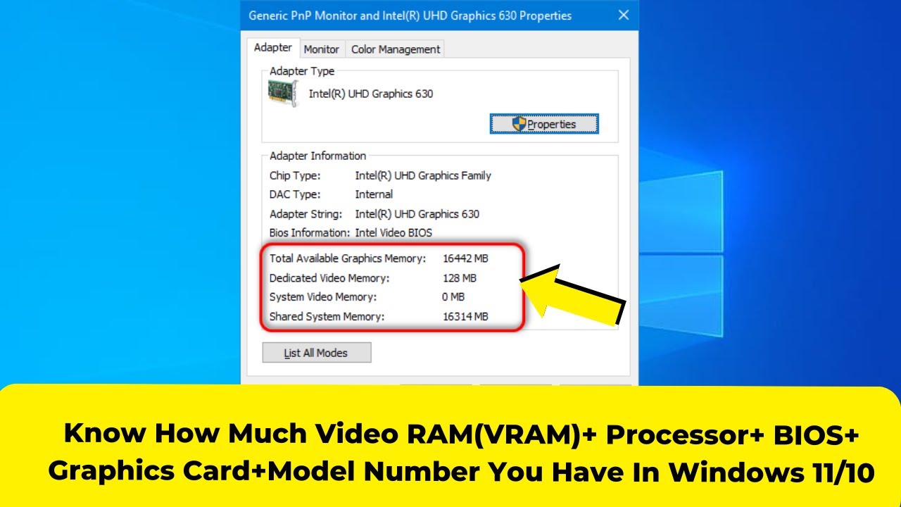Know How Much Video RAM(VRAM)+ Processor+ BIOS+ Graphics Card+Model ...