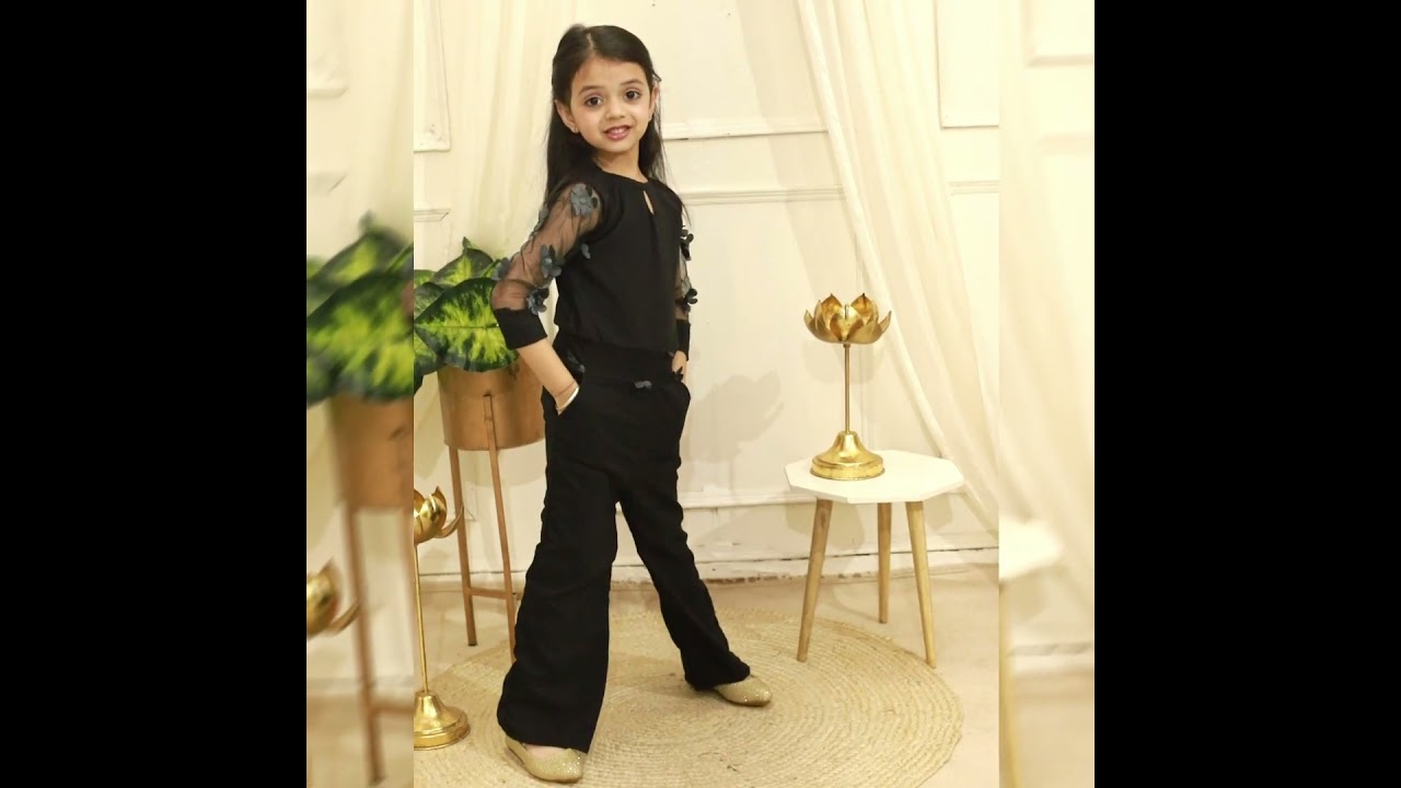 Ameeha Imported Soft Fabric with net Sleeve Flare Leg Jumpsuit Pants for Girl's Black