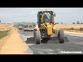 Dump truck dumping, Road roller foundation, Motor grader building new road