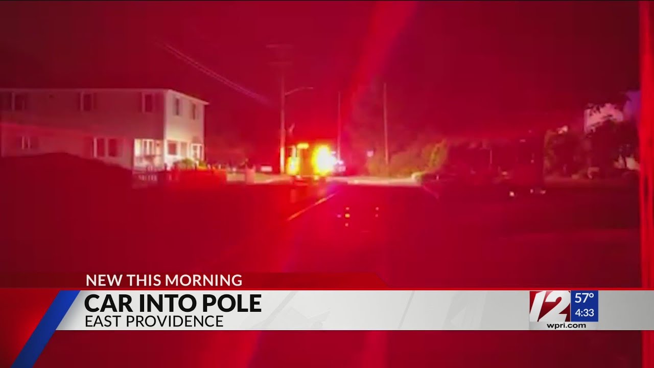 Car slams into pole, knocks out power in East Providence - YouTube