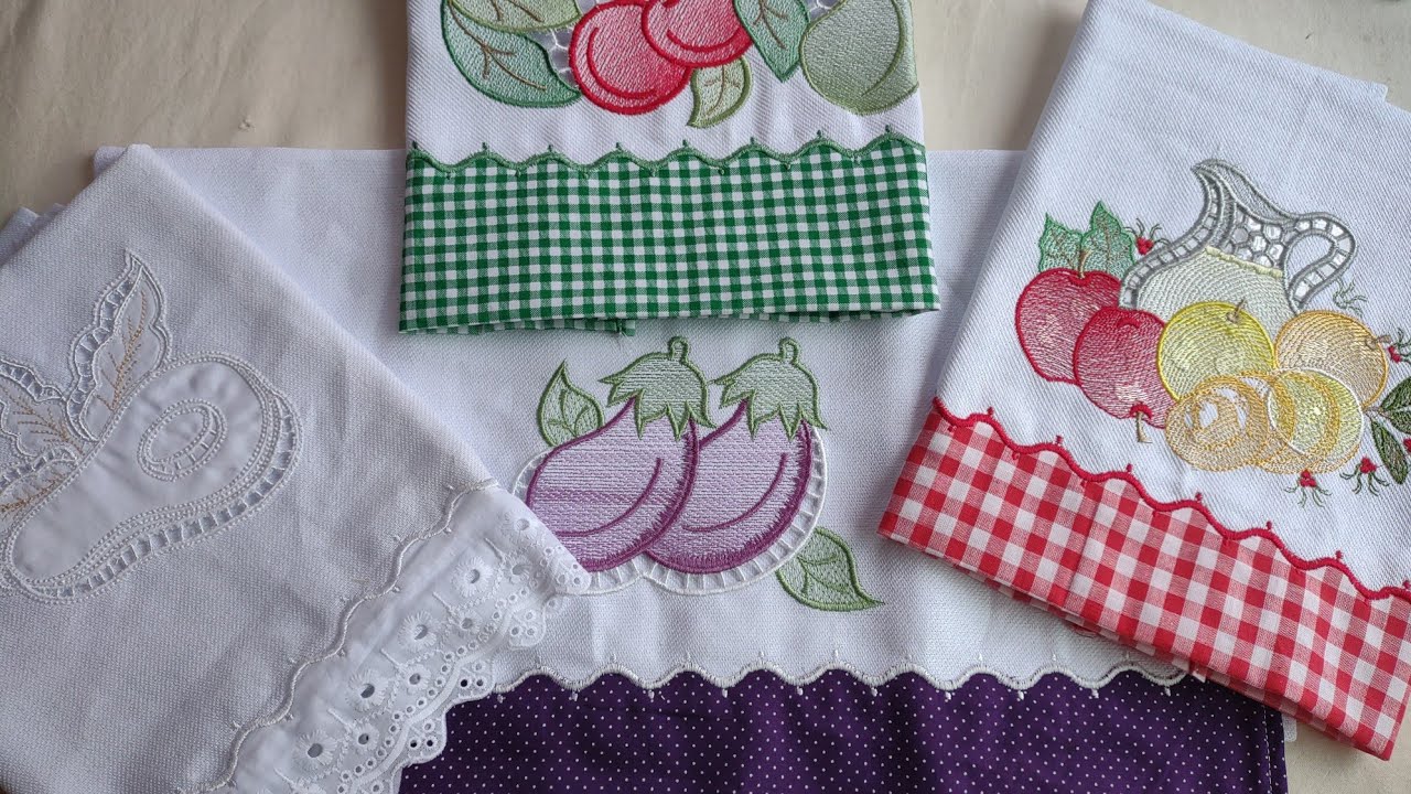 Barra de pano de prato com ponto decorativo na bordadeira