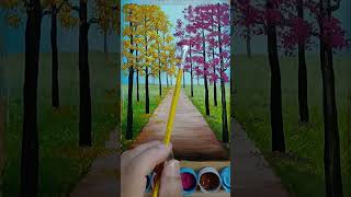 Pintura em Tela Paisagem com caminho de árvore amarela e rosa fácil para pintar