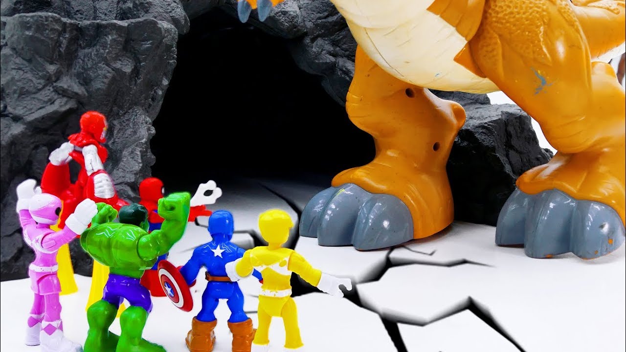 Power Rangers & Marvel Avengers Toys Pretend Play | T-REX Attack Superhero spiderman toys for sale